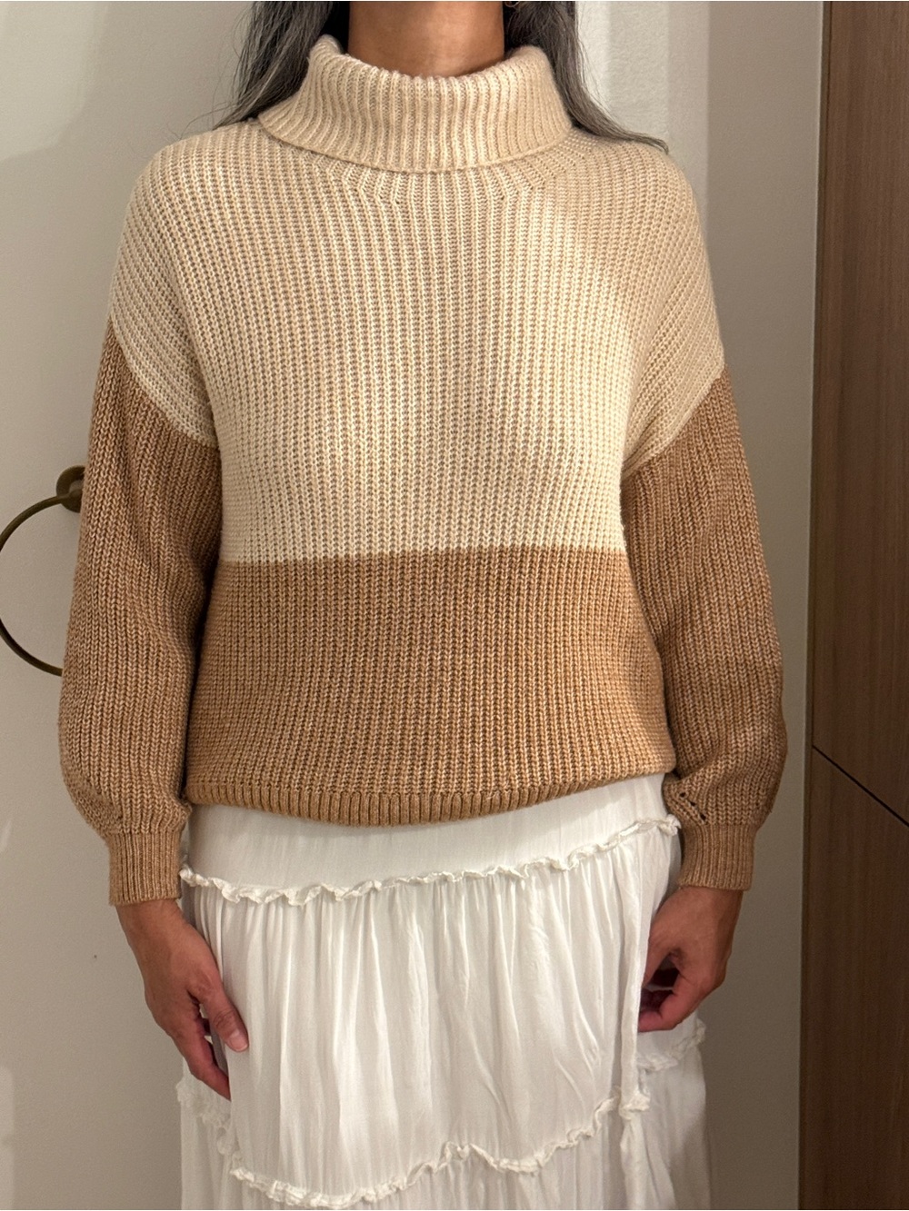 American Eagle Outfitters Cream and Brown Colorblock Turtleneck Sweater